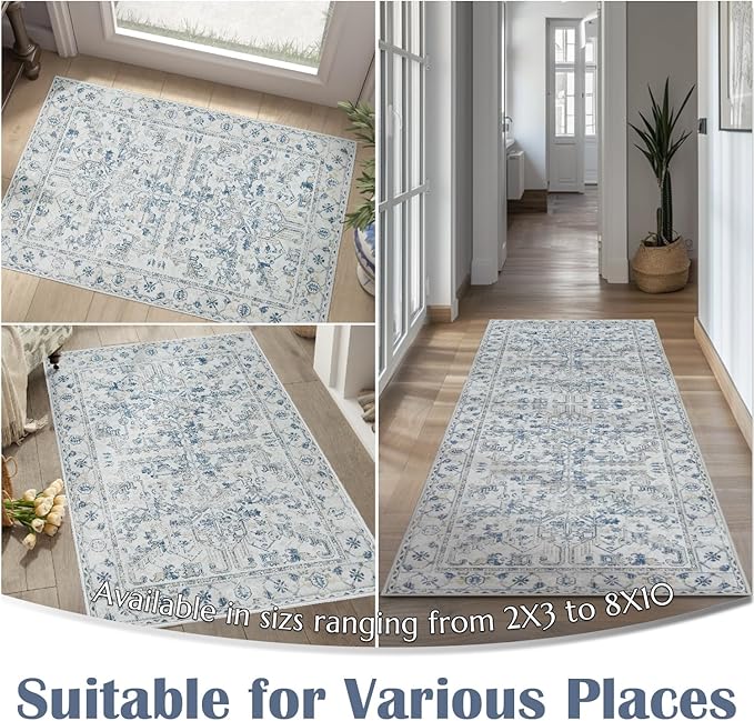 jinchan Lima Kitchen Runner Rug 3x10-2pcs, Bohemian Hallway Washable Rug Floral Non Slip with Rubber Backing Vintage Carpet Runner for Bedroom Bathroom Laundry Room Living Room Decor Blue