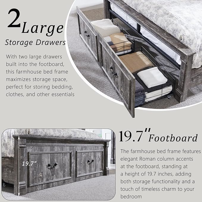 Farmhouse Queen Size Bed Frame with 51" Tall Headboard, Wood Platform Bed Frame with 20" Tall Roman Column Decoration Footboard & 2 Large Storage Drawers, No Box Spring Needed (Light Grey)