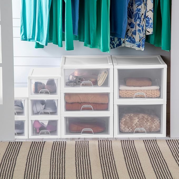 Sterilite 12-Pack 16 Quart Stacking Drawer, Clear Storage Closet Organizer, White Frame - Stackable Modular Plastic Drawers for Clothes, Accessories, Craft Supplies, Shoes or Linens