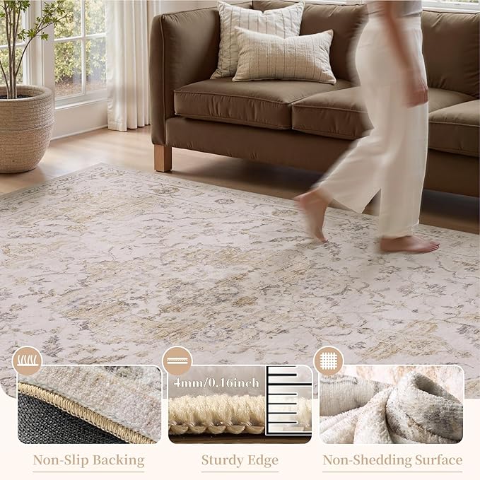 PADOOR 8X10 Area Rug,Rugs for Living Room,Soft Beige Rugs for Bedroom,Machine Washable Rug Non Slip Carpet for Dining Room Living Room Bedside Office