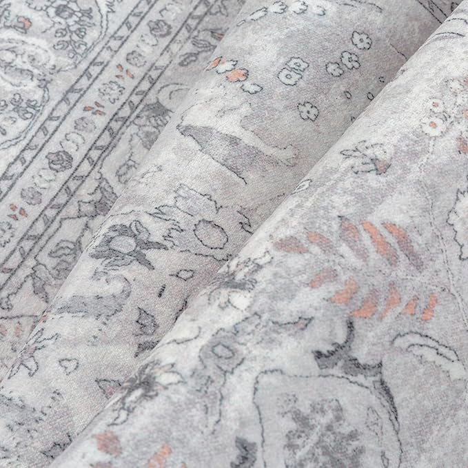 Grey 3x5 Area Rug Washable Vintage Carpet for Entryway Office Soft Retro Floral Kitchen Low Pile Thin Door Mat Non Slip Central Medallion Throw Rug for Bathroom Bedroom Dining Living Room