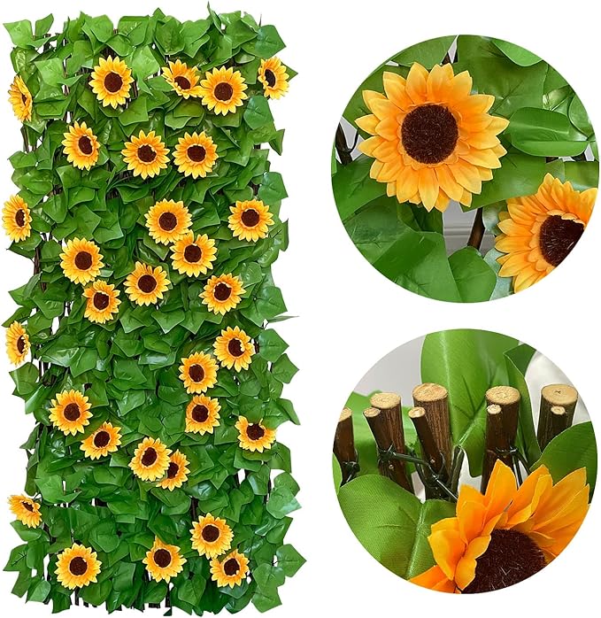 Sumery Expandable Fence Privacy Screen for Balcony Patio Outdoor,Decorative Faux Ivy Fencing Panel,Artificial Hedges (Single Sided Leaves) (1, Sunflowers)