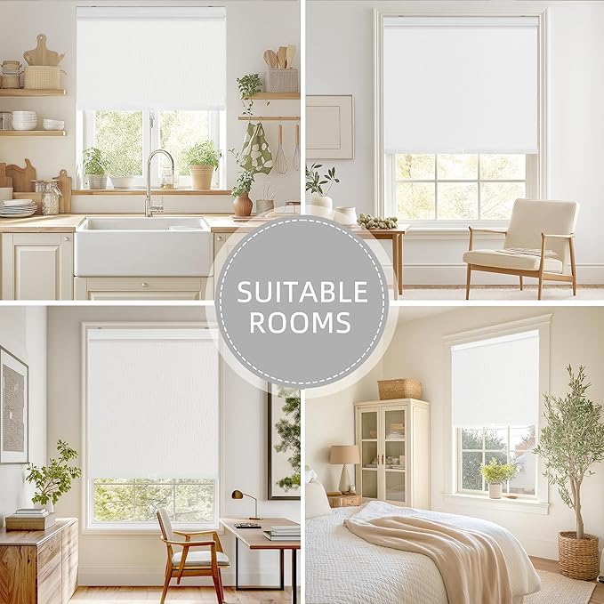 ChrisDowa Cordless Blackout Roller Shades for Windows, Striped Free-Stop Window Blinds with Privacy, Thermal Insulated Window Shades for Home, Office and Door. White, 36" W x 72" H