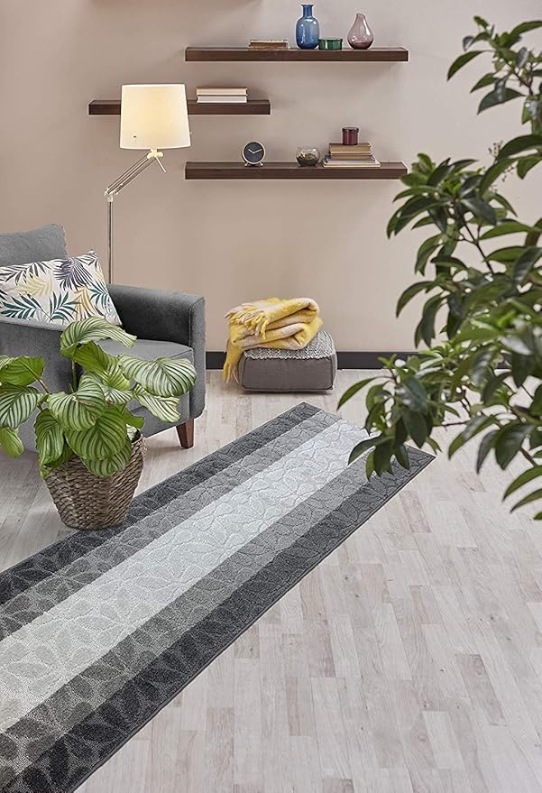 Custom Length Hallway Runner Rug,Slip Resistant,Flower Grey, 26 Inch X 9 feet, Sold and Priced Per Foot