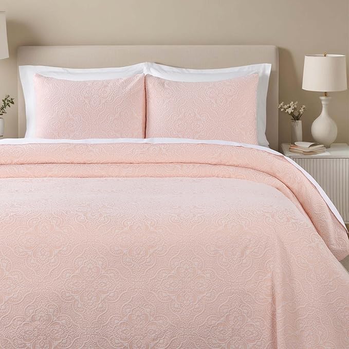 Superior 3 Piece Bedspread Set, Home Bed Decor, Decorative Bed Spread, 2 Pillow Shams, Medium Weight Blanket, Floral Matelasse Coverlet, Bedding Essentials, Enzy Collection, California King, Peach