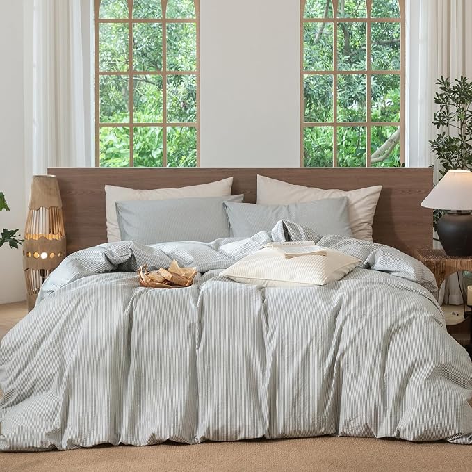 MooMee Striped Duvet Cover Set 100% Washed Cotton Linen Like Textured Breathable Durable Soft Comfy (Heathered Green Pinstripes, Oversized King Plus 128"x120")