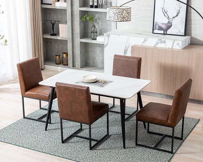 CIMOTA Modern Dining Chairs Set of 2, Leather Dining Room Chairs Upholstered Mid Century Armless Guest Side Chair with Black Base for Dining Room/Kitchen, Vintage Brown 2PCS