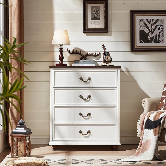 Farmhouse 4 Drawer Dresser Set of 2 for Bedroom, 37" Tall Rustic Chests of Drawers w/ 4 Solid Wood Feet, Mid Century Vintage Wooden Closet Storage Dressers Organizer for Living Room, White