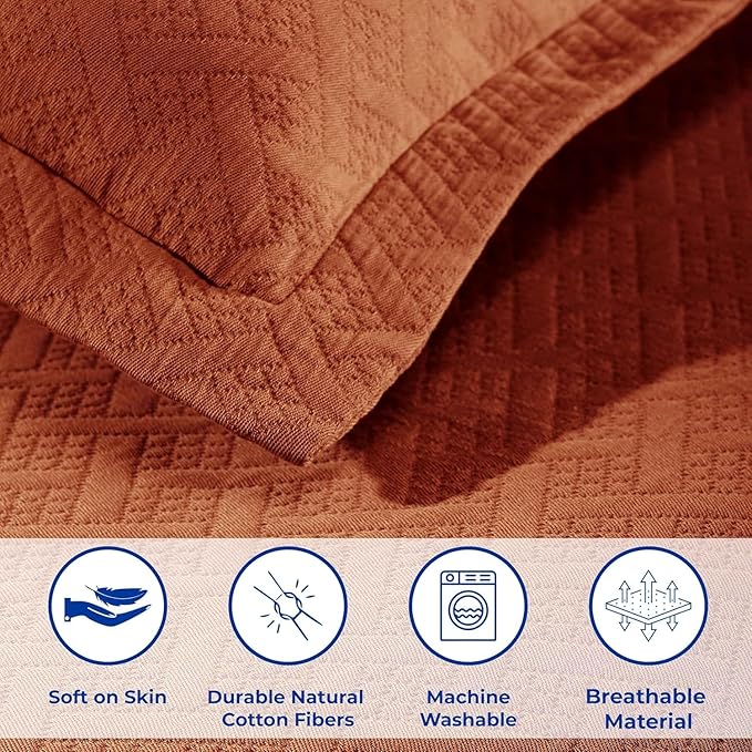 Superior 3 Piece Basketweave Cotton Bedspread Set, Home Bed Decor, Decorative Bed Spread, 2 Pillow Shams, Medium Weight Blanket, Matelasse Coverlet Bedding, Geometric Lattice Pattern, Queen, Mandarin