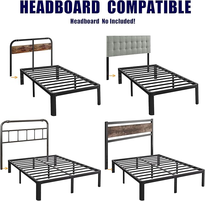Hunlostten 16" High King Bed Frame No Box Spring Needed, Heavy Duty King Platform Bed Frame with Round Corners, Easy Assembly, Noise Free, Black