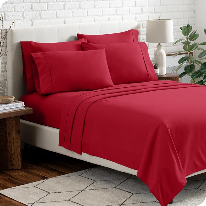 Bare Home Hotel Luxury Queen Sheet Set, Extra Soft - 6 Piece Set - Deep Pockets - Easy Fit - Cooling & Breathable - Wrinkle, Fade, Stain Resistant - Includes 4 Pillowcases (Queen, Red)