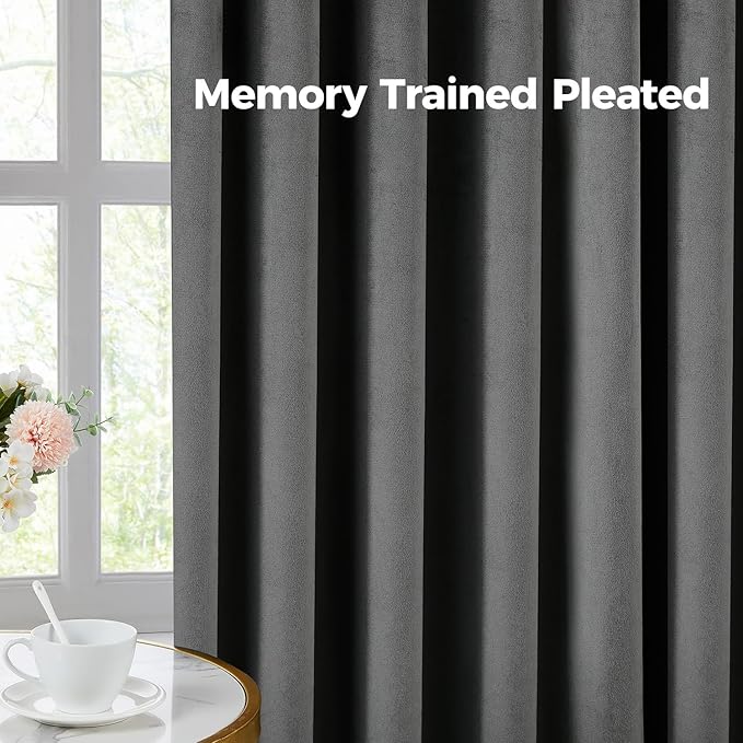 Pinch Pleated 100% Blackout Curtains for Bedroom, Grey Velvet Curtains for Living Room, Black Out Curtain 102 inch Long Room Darkening, Blackout Pinch Pleat Drapes with Hooks 2 Panels