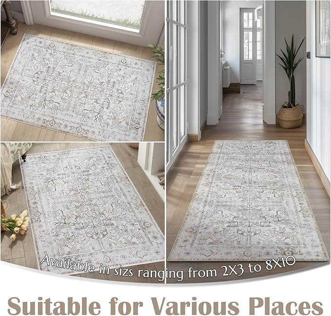 jinchan Lima Hallway Runner Rug 3x10 Washable - Vintage Floral Non Slip Low-Pile Soft Ultra-Thin Faux Wool Kitchen Rug Distressed Carpet Runner for Farmhouse Bedroom Laundry (3x10ft, Taupe)