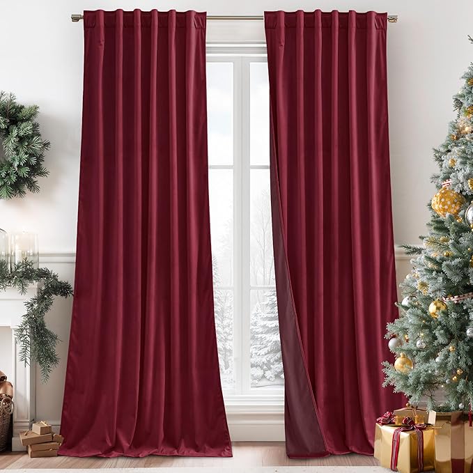 RYB HOME Burgundy Red Velvet Curtains for Christmas Decor, Soft Luxury Backdrops for Studio Theater, Back Tab Design for Bedroom Living Room, 52" W x L90 L, 2 Panels Set