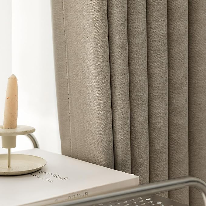 100% Blackout Grommet Linen Curtains for Living Room, Linen-Look Textured Full Light Blocking Room Darkening Thermal Insulated Drapes for Bedroom 2 Panels (W52xL92, Taupe)