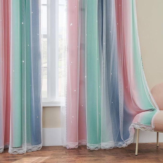 XiDi Curtains for Bedroom Decor, Rainbow Pinkgreen grey52/45
