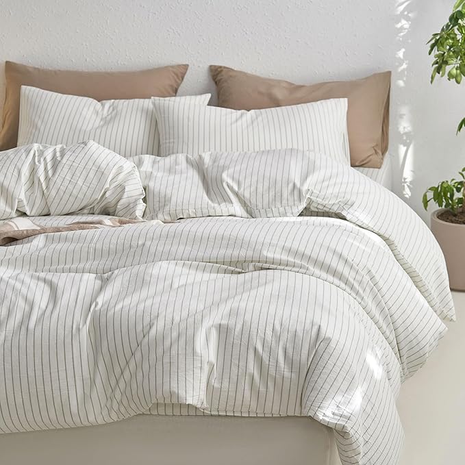 MooMee Striped Duvet Cover Set 100% Washed Cotton Linen Like Textured Breathable Durable Soft Comfy (White Sage Green Wide Stripes, Alaska King 132"x120")