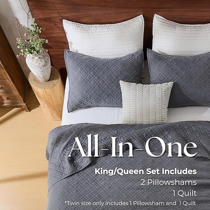 Twin Quilt Set with Sham Lightweight Quilted Bedspread Coverlet Thin Comforter Bed Cover Vintage Washed Quilted Blanket for All Season, Brushed Microfiber Diamond Stitching, Ash Gray, 66"x92"