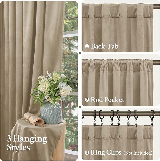 LAMIT Taupe 90 Inch Velvet Curtains for Living Room, Thick Thermal Insulated Room Darkening Drapes Super Soft Elegant Back Tab and Rod Pocket Panels for Sliding Glass Door, 2 Panels, 52 x 90 Inch