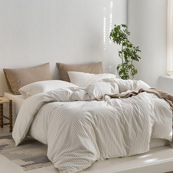 MooMee Striped Duvet Cover Set 100% Washed Cotton Linen Like Textured Breathable Durable Soft Comfy (White Tannish Linen Grey Wide Stripes, Full 80"x90")