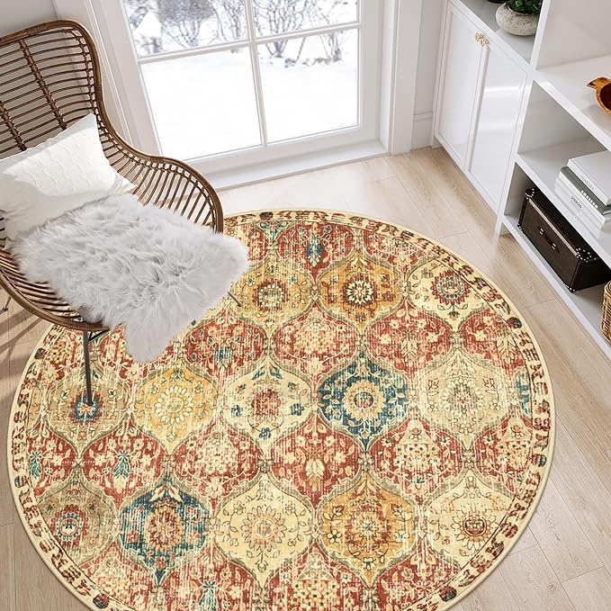 Lahome Moroccan Trellis Washable Round Area Rug, Soft Round Rugs 6ft Ultra-Thin Non-Slip, Vintage Large Circle Carpet for Bedroom Living Room Kitchen Nursery, Red/Orange