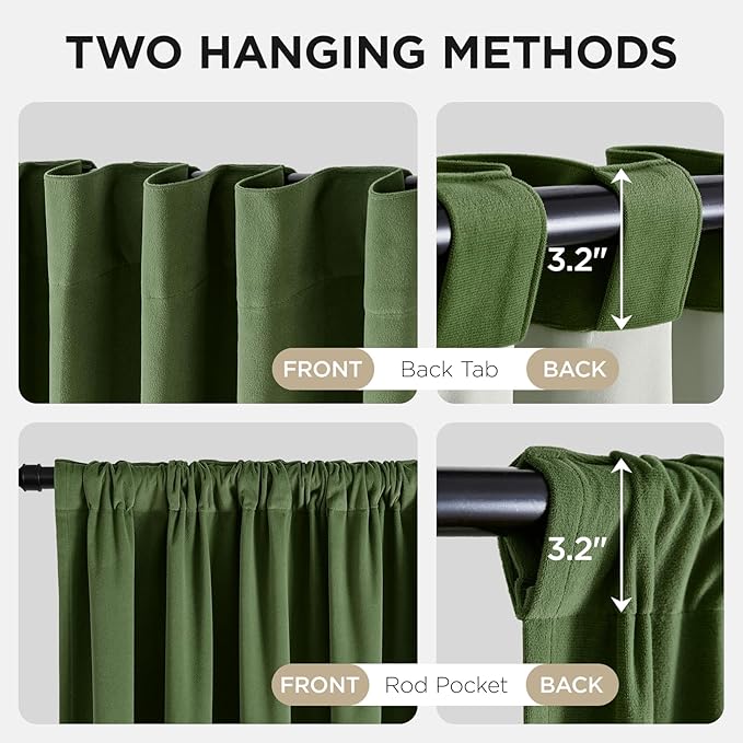 Joydeco Olive Green 100% Blackout Curtains 90 Inch 2 Panels, Luxury Thermal Green Velvet Curtains for Bedroom Living Room, Soundproof Blackout Window Drapes, Rod Pocket & Back Tab (52W x 90L)