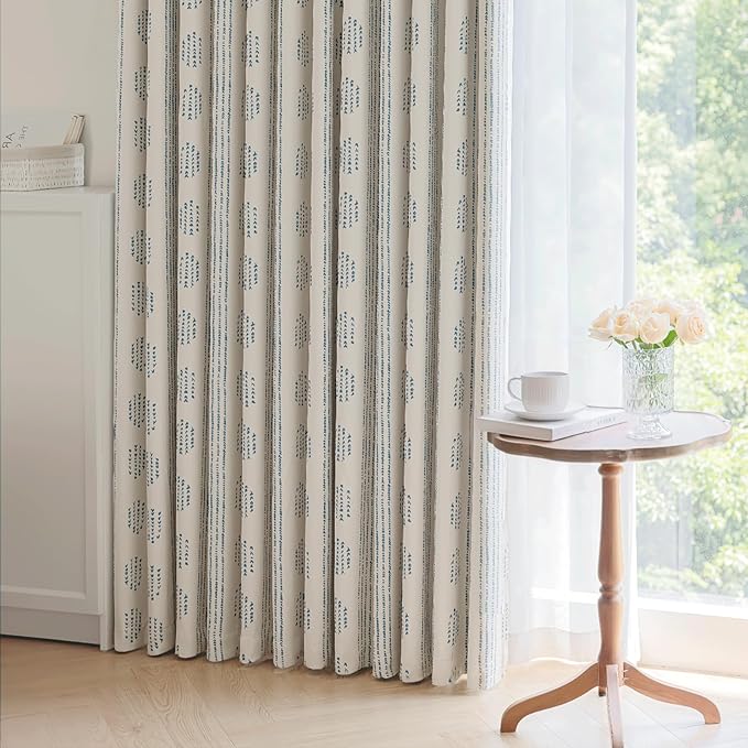 100% Boho Blackout Curtains 72 Inches Long for Bedroom, Blue on Beige Patterned Bohemian Curtains for Living Room, Geometric Striped Thermal Insulated Window Drapes Gromment Top 2 Panels