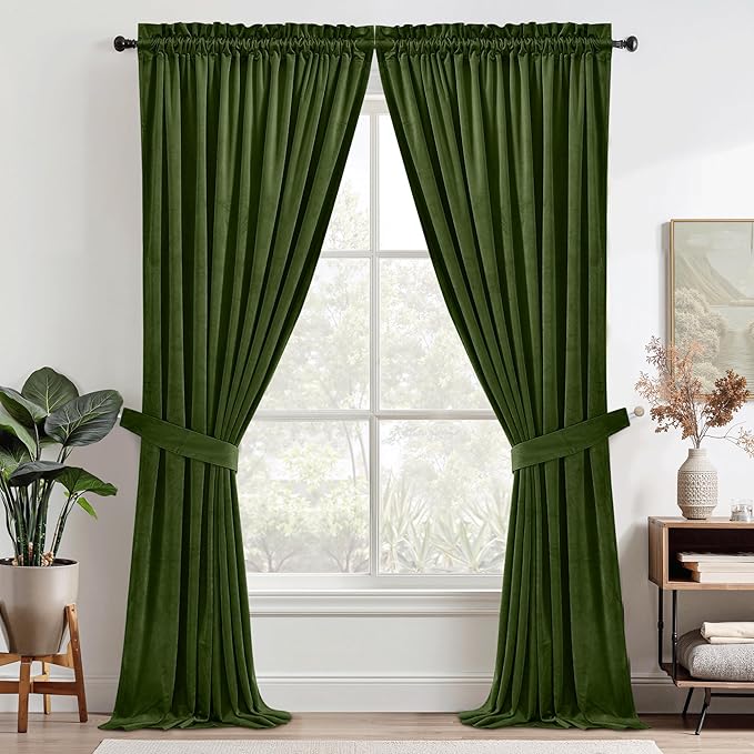 StangH Moss Green Velvet Curtains - Earthy Green Christmas Decor Cozy Room Darkening Privacy Drapes for Bedroom, Soft Room Divider Curtains for Apartment, W52 x L94, 2 Panels