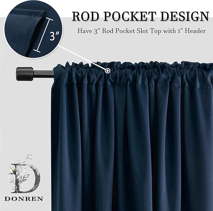 DONREN Dark Blue Blackout Curtains for Living Room - Rod Pocket Thermal Insulated Room Darkening Curtains for Dining Room (52 x 84 Inch,Set of 2 Panels)