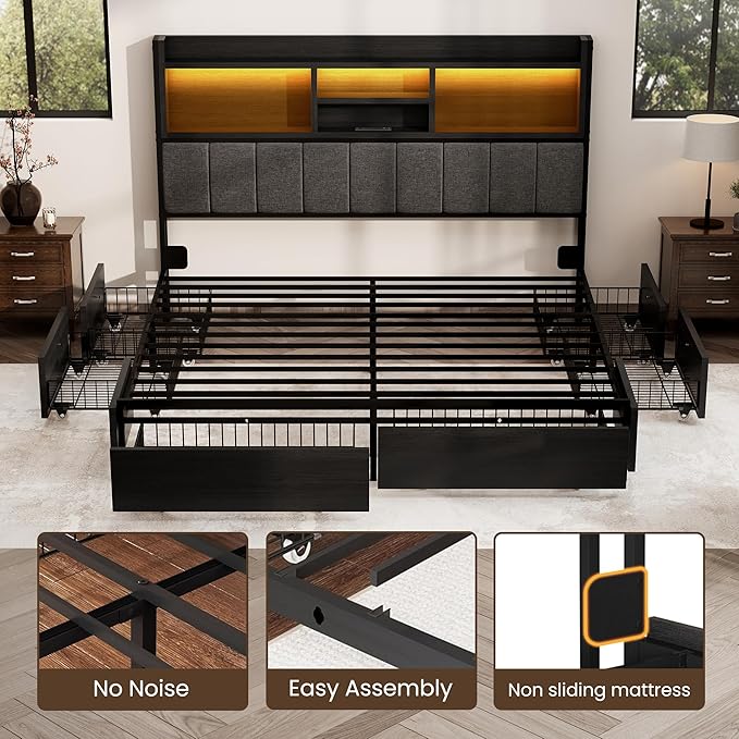 Queen Bed Frame with 6 Storage Drawers, Linen Upholstered Headboard, Built-in USB Charging Station & LED Lighting, Silent Metal Support, No Box Spring Needed, Vintage Black