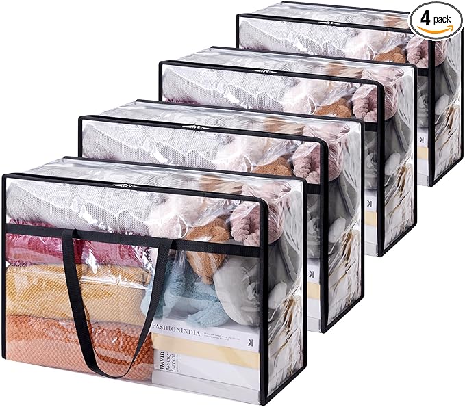 Lifewit 4 Pack Clear Clothes Storage Bags, 60L Plastic Blanket Storage Bag, Vinyl Foldable Moving Bags with Zipper, Closet Organizers and Storage Containers for Bedding, Duvet, Comforter