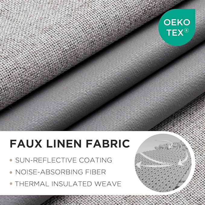 Joydeco 100% Blackout Linen Curtains 90 Inches Long 2 Panels, Thermal Insulated Burlap Curtain & Drapes, Grommet Room Darkening Textured Curtains for Bedroom Living Room (52x90 inch,Greyish White)