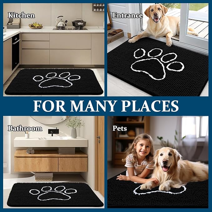 OLANLY Dog Door Mat for Muddy Paws 70x24, Paw Print Design, Absorbs Moisture and Dirt, Absorbent Non-Slip Washable Doormat, Quick Dry Chenille Mud Mat for Dogs, Entry Indoor Entryway Carpet, Black