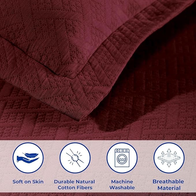 Superior 100% Cotton Basket Weave Bedspread with Shams, All-Season Premium Cotton Matelasse Jacquard Bedding, Quilted-Look Geometric Basket, King, Garnet