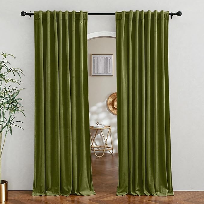 RYB HOME Moss Green Velvet Curtains 100 inches, Back Tab Soft Fabric Room Darkening Thermal Insulated Luxurious Home Decor Curtains for Living Room Bedroom, W 52" x L 100", 2 Panels Set