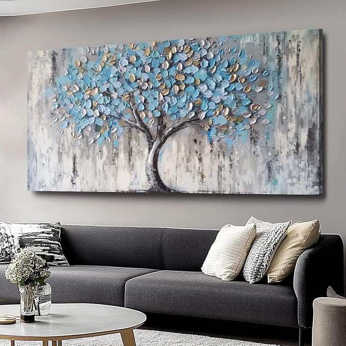 Blue Tree Canvas Wall Art - Modern Botanical Paintings for Living Room, Bedroom Wall Decor, Framed Wall Art for Home or Office Decoration, Large Wall Art 60x120cm(24x48in)