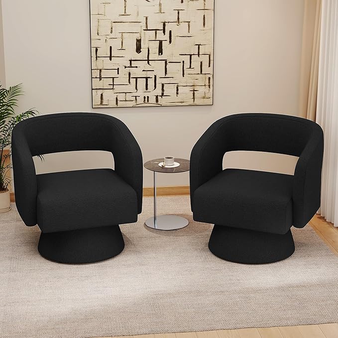 Swivel Accent Chair, Modern Comfy Teddy Barrel Chairs, Oversized Upholstered Round Arm Chair for Living Room, Bedroom, Reading Room, Black, 1 PCS