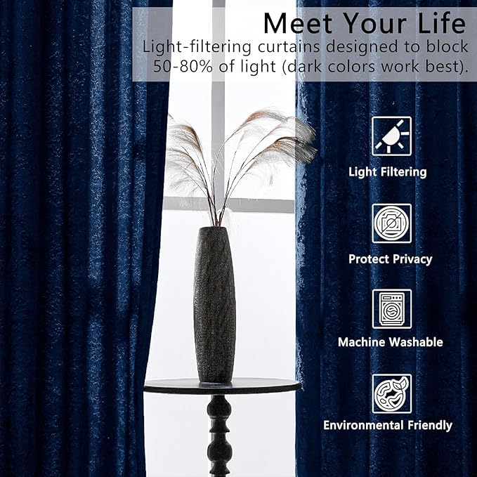 SMILETIME Navy Blue Crushed Velvet Curtains 52x96 inch Luxurious Thermal Insulated Soundproof Drapes for Living Room Bedroom Office Soft and Durable Light-Filtering Window Treatments, 2 Panels