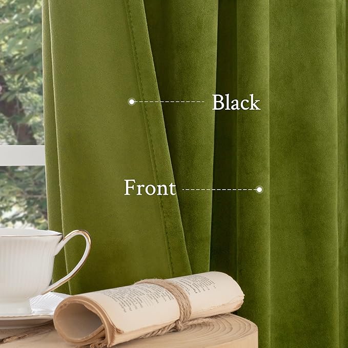 LAMIT Moss Green Velvet Curtains for Living Room, 120 Inches Thermal Insulated Room Darkening Panels Super Soft Back Tab and Rod Pocket Window Drapes for Bedroom, 2 Panels, 52 x 120 Inch