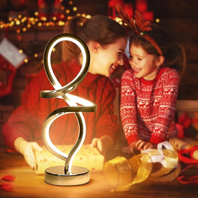 Mayful Modern RGB Table Lamp with LED Spiral Design, Silver Bedside Lamp & Nightstand Lamp, Touch Dimmable with 7 Colors & 10 Modes for Bedroom, Living Room, Home Office, 15W