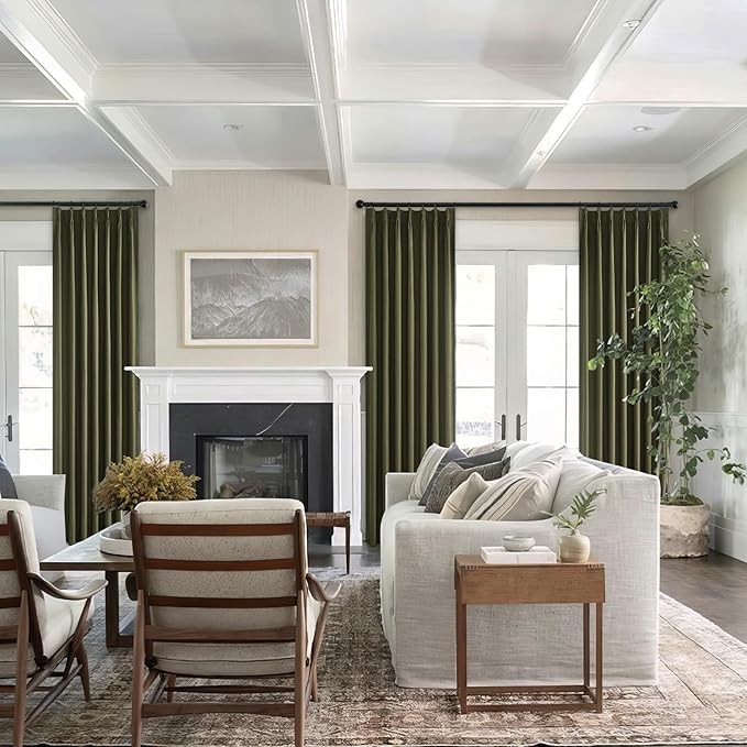 Topfinel Olive Green Linen Blackout Curtains 84 Inches Long, 100% Blackout Pinch Pleated Dark Green Boho Thermal Insulated Back Tab Curtains for Living Room Bedroom, Retro Drapes with Hooks Rings