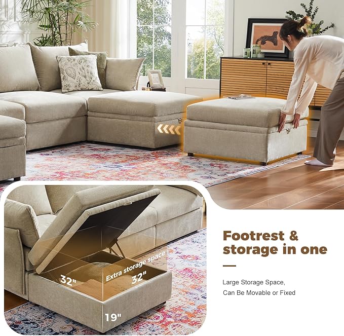 ABCASA 102.6" Luxury Modular Sleeper Sofa Bed 6 Seat Reversible Sectional Couch Deep Seat with Storage Chaises Removable Cover for Living Room, Apartment - Chenille Beige