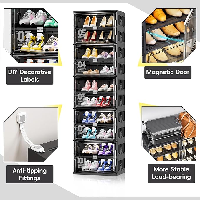 JEKO&JEKO 10 Tiers Foldable Shoe Rack Organizer Cabinet for Closet Entryway, Large Collapsible Shoe Storage Box with Magnetic Doors Fits Up to 20 Pairs (Black)