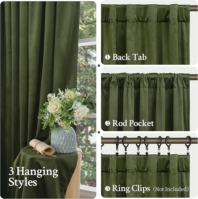 LAMIT Sage Green Velvet Curtains 90 Inches Long, Luxury Thermal Insulated Blackout Panels for Living Room Back Tab and Rod Pocket Room Darkening Drapes for Bedroom, 2 Panels, 52 x 90 Inch