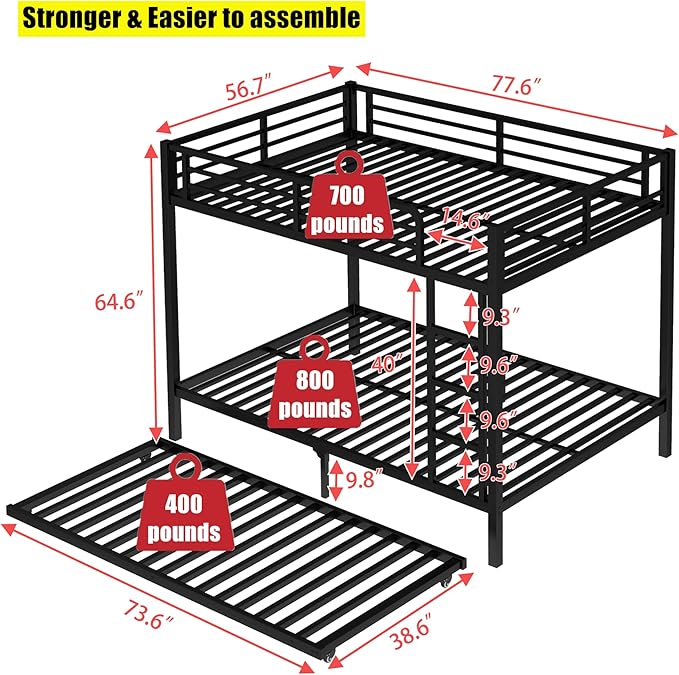 LUXIEE Upgraded & Stronger Heavy Duty Steel Full Over Full Bunk Bed Frame, More Stable Safer Thickened Metal Bunkbeds with Twin Size Trundle (Full)