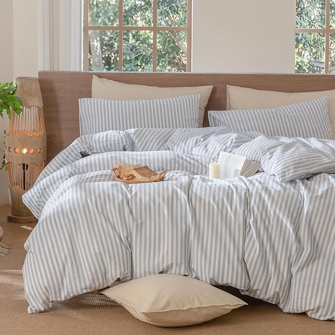 MooMee Striped Duvet Cover Set 100% Washed Cotton Linen Like Textured Breathable Durable Soft Comfy (Cornflower Blue White Classic Stripes, Palatial King/Oversized King 120"x98")