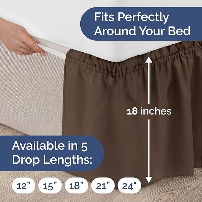 Wrap Around Dust Ruffle Bed Skirt - Brown - Twin/Twin XL Size Beds with 18 Inch Drop - Easy Fit Elastic Strap - Adjustable Pleated Bedskirt w/Brushed Fabric - Wrinkle Free - Women, Men, Kids & Teens
