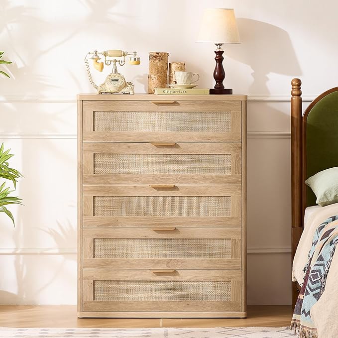 LEYAOYAO Rattan Dresser for Bedroom Set 2, 41" Tall Chest of Drawers, Modern 5 Drawers Boho Dressers with Storage, Light Oak Dresser Wooden Closet Organizer for Living Room, Hallway, Natural Wood