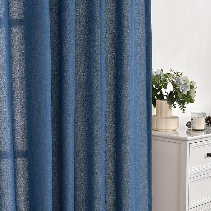 YoungsTex Navy Blue Linen Curtains 45 Inch Length, Short Light Filtering Semi Sheer Drapes with Bronze Grommet Privacy for Bathroom Living Room Windows, 42 x 45 Inch, 2 Panels