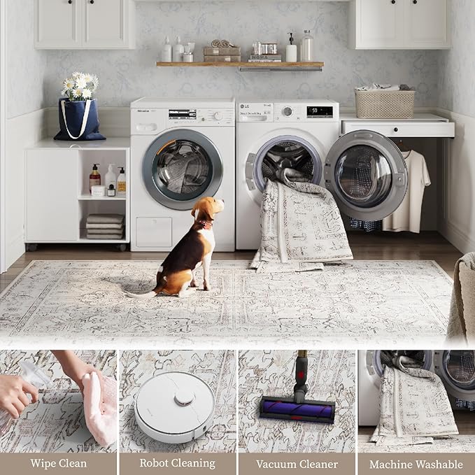 jinchan Lima 2x3 Washable Rug for Entryway - Vintage Floral Ultra-Thin Low Pile Soft Small Non Slip Distressed Indoor Door mat Accent Area Rug for Entrance Kitchen Bathroom Bedroom (2x3ft, Taupe)